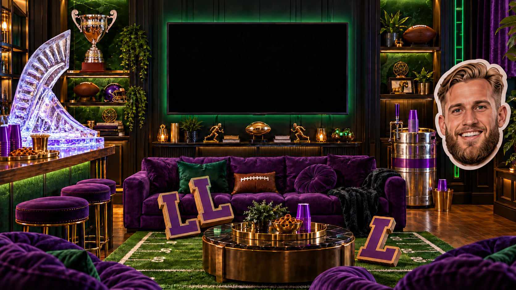 Illustrated football man cave with a trophy, big TV, purple drink keg, ice luge, and giant head-only Cooper Kupp cardboard cutout