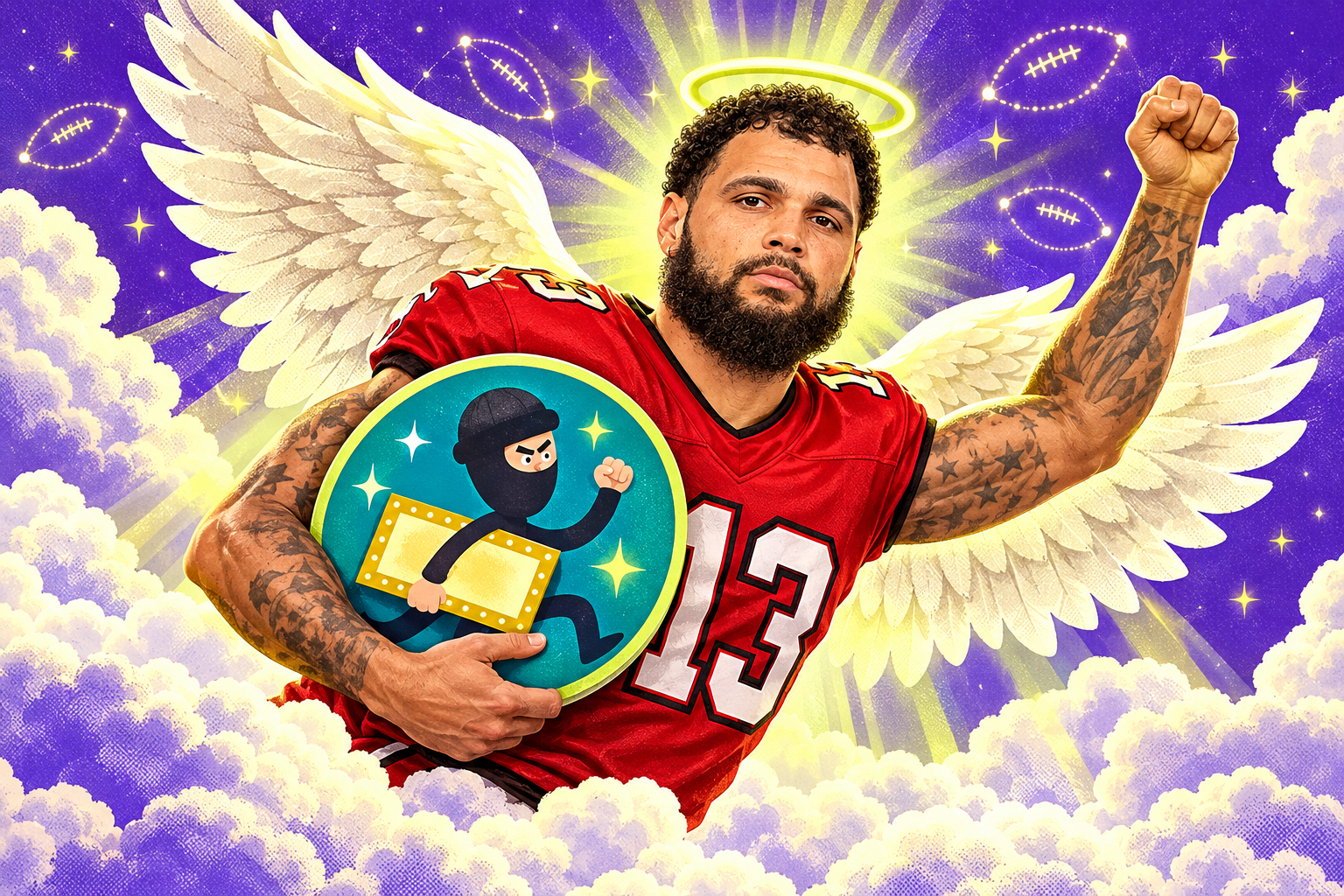 Illustration of Mike Evans with a halo and angel wings, carrying the Tiana the Ticket Thief team badge up through glowing clouds