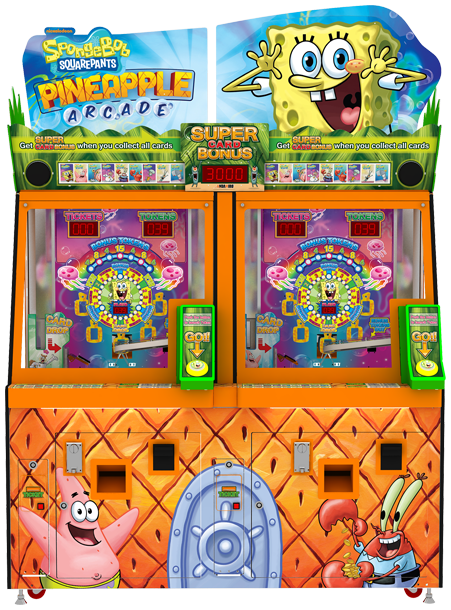 SpongeBob Pineapple Arcade coin pusher with a 3,000-ticket Super Card Bonus display