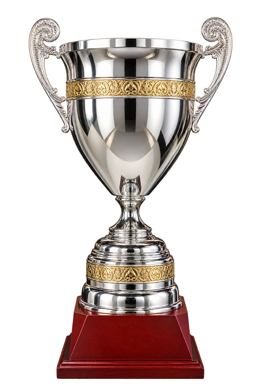 El Trofeo: the tall silver championship cup, with ornate scroll handles, gold filigree bands and a red wooden base